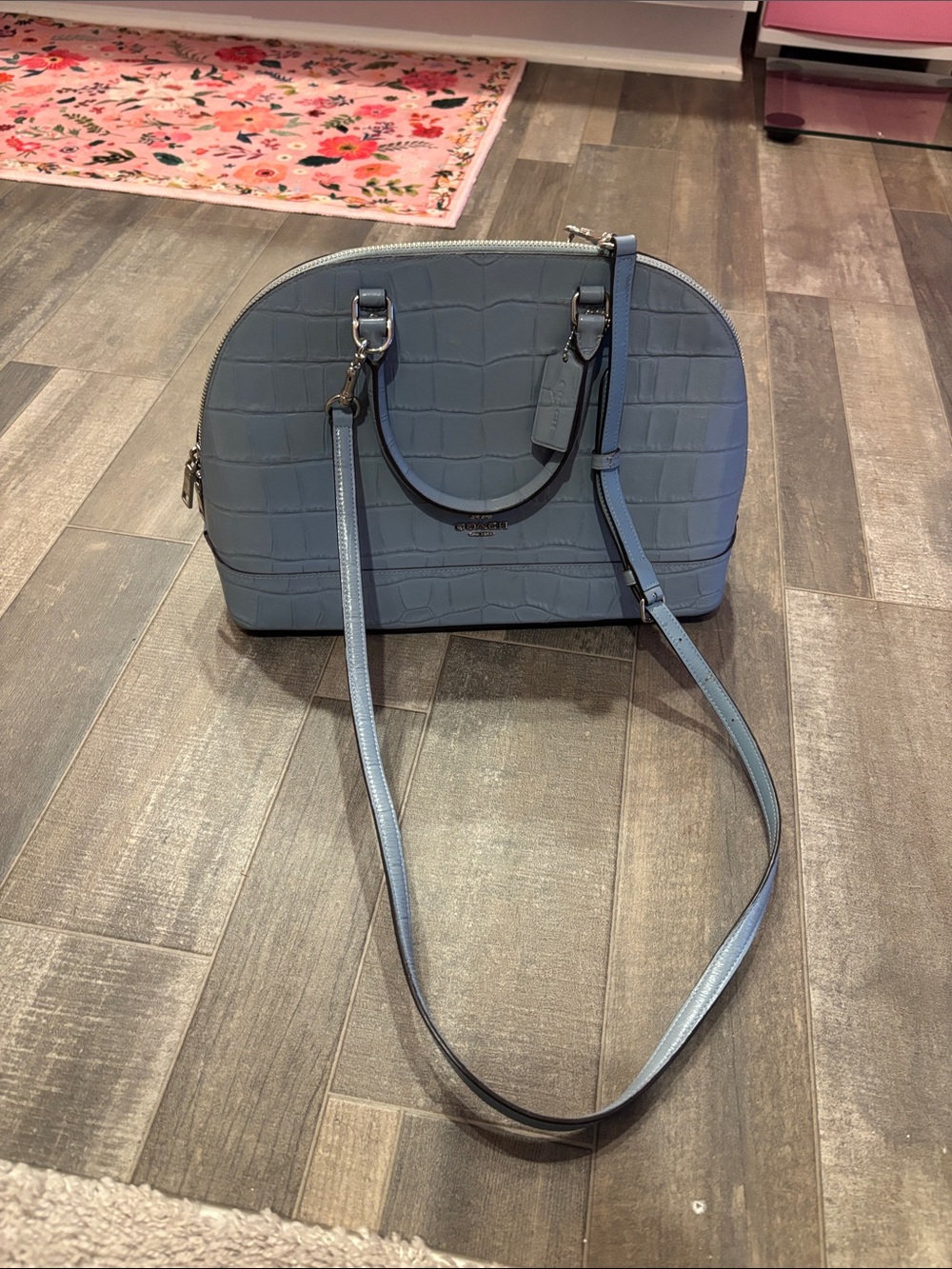 Coach Sky Blue Croc-Embossed Dome Satchel with Strap selling along with wallet